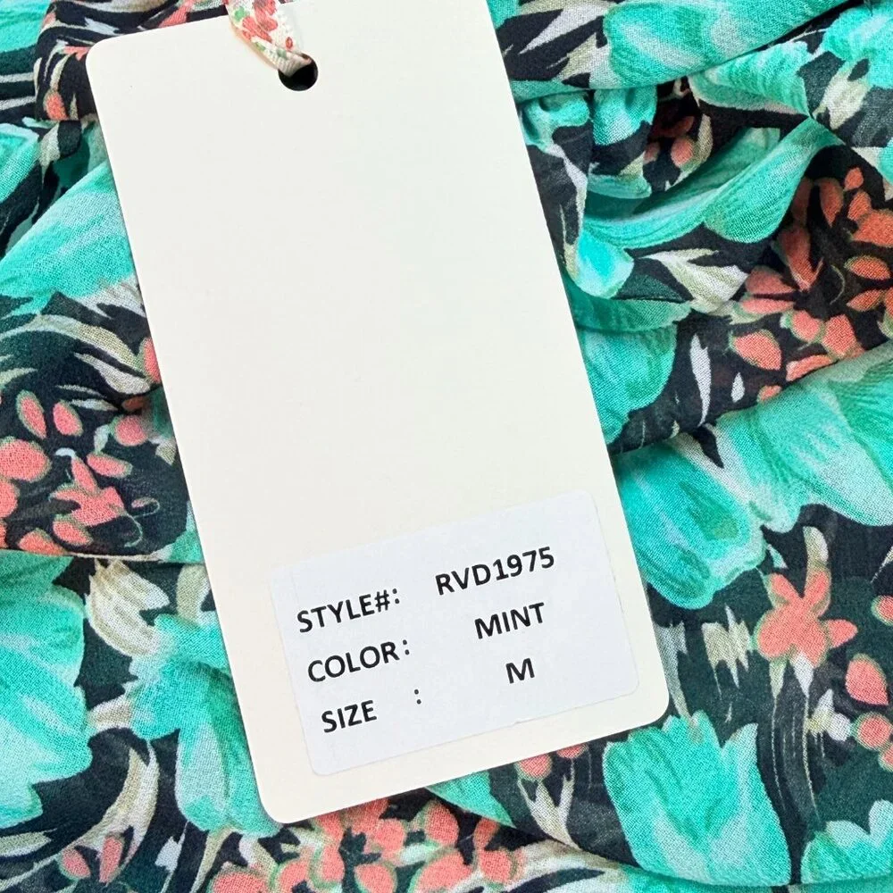 Rosevelvet Floral Cutout Midi Dress Mint Green Puff Sleeve Tie Front Boho Size M - Picture 8 of 9